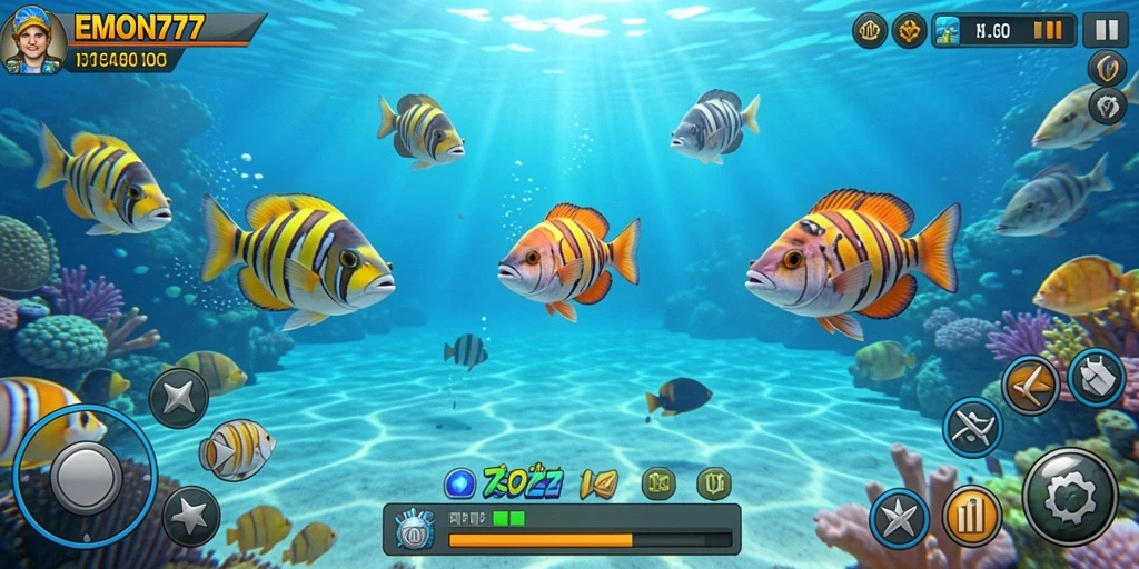 Screenshot gameplay EMON777 menampilkan aksi tembak ikan yang seru.
