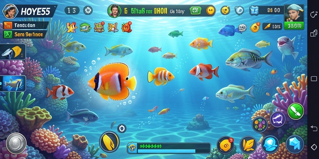 Tampilan gameplay seru dalam HOYE55 saat menangkap ikan.