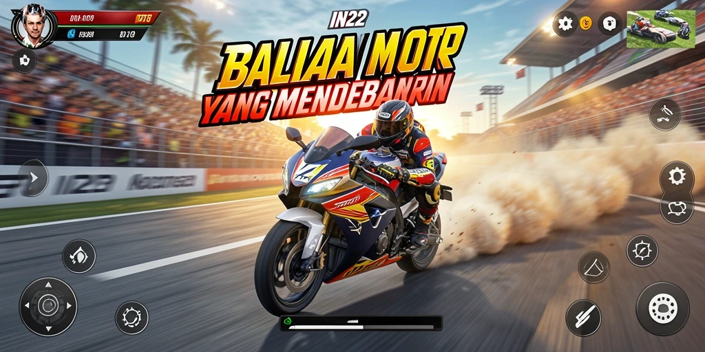 Screenshot gameplay IN22 menampilkan balapan motor yang seru dan dinamis.