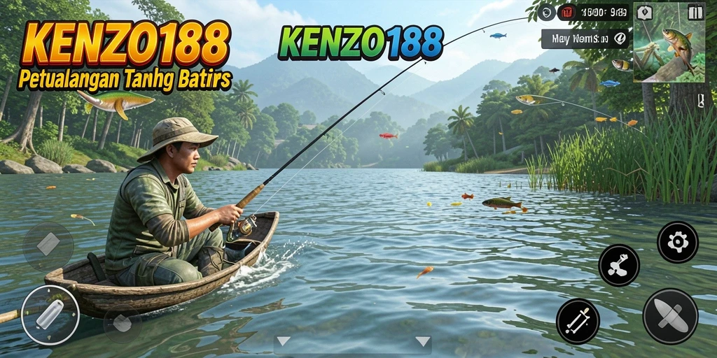 Screenshot gameplay KENZO188 menampilkan aksi memancing yang intens.