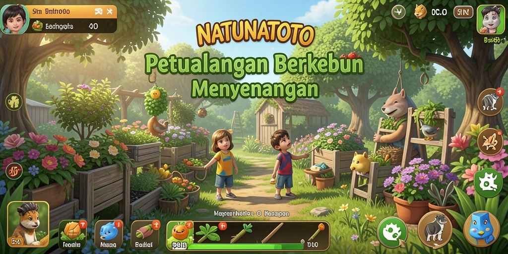 Tampilan gameplay NATUNATOTO dengan suasana berkebun yang asri.