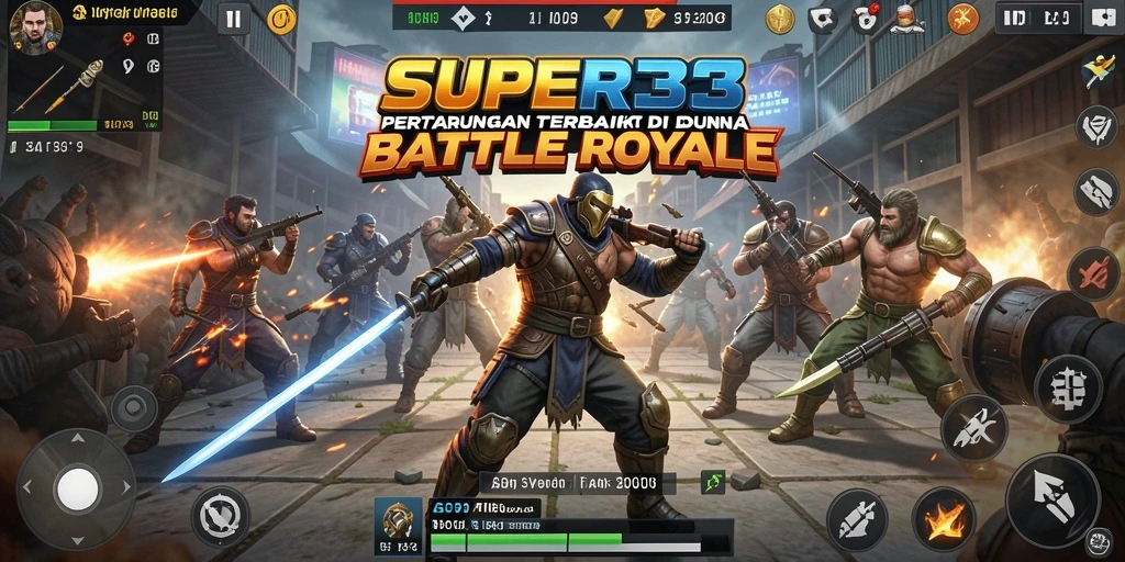 Screenshot SUPER33 menampilkan aksi seru dalam pertandingan Battle Royale.