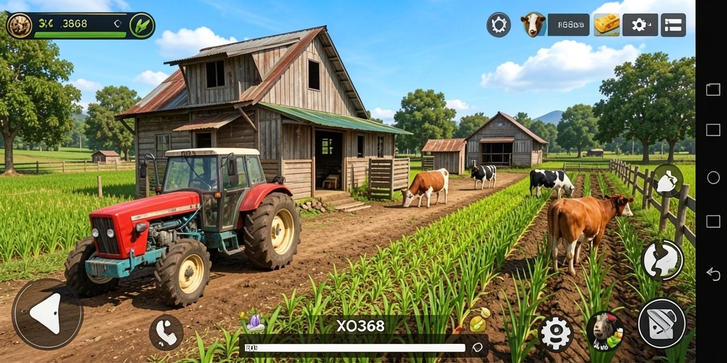 Screenshot gameplay menunjukkan taman virtual yang indah dan hewan ternak.